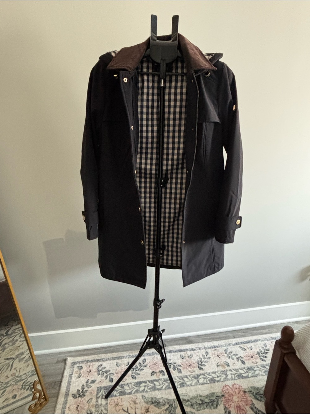 Jones New York Black Trench Coat with Brown Corduroy Collar - Picture 2 of 9